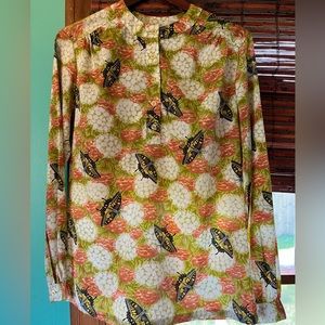 Vintage 70s Yellow Green Black Butterfly Dandelion Print Summer Fall Shirt Large